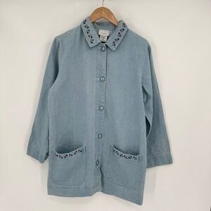 Adrian Delafield Light Blue Floral Embroidered Long Sleeve Denim‎ Chore Jacket M